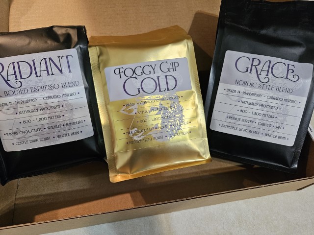 3 types of coffee - the middle is Foggy Gap Gold